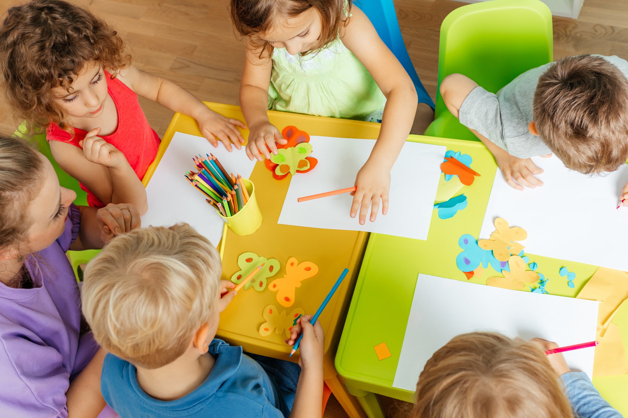 Top View Kindergarten Children during Art Lesson